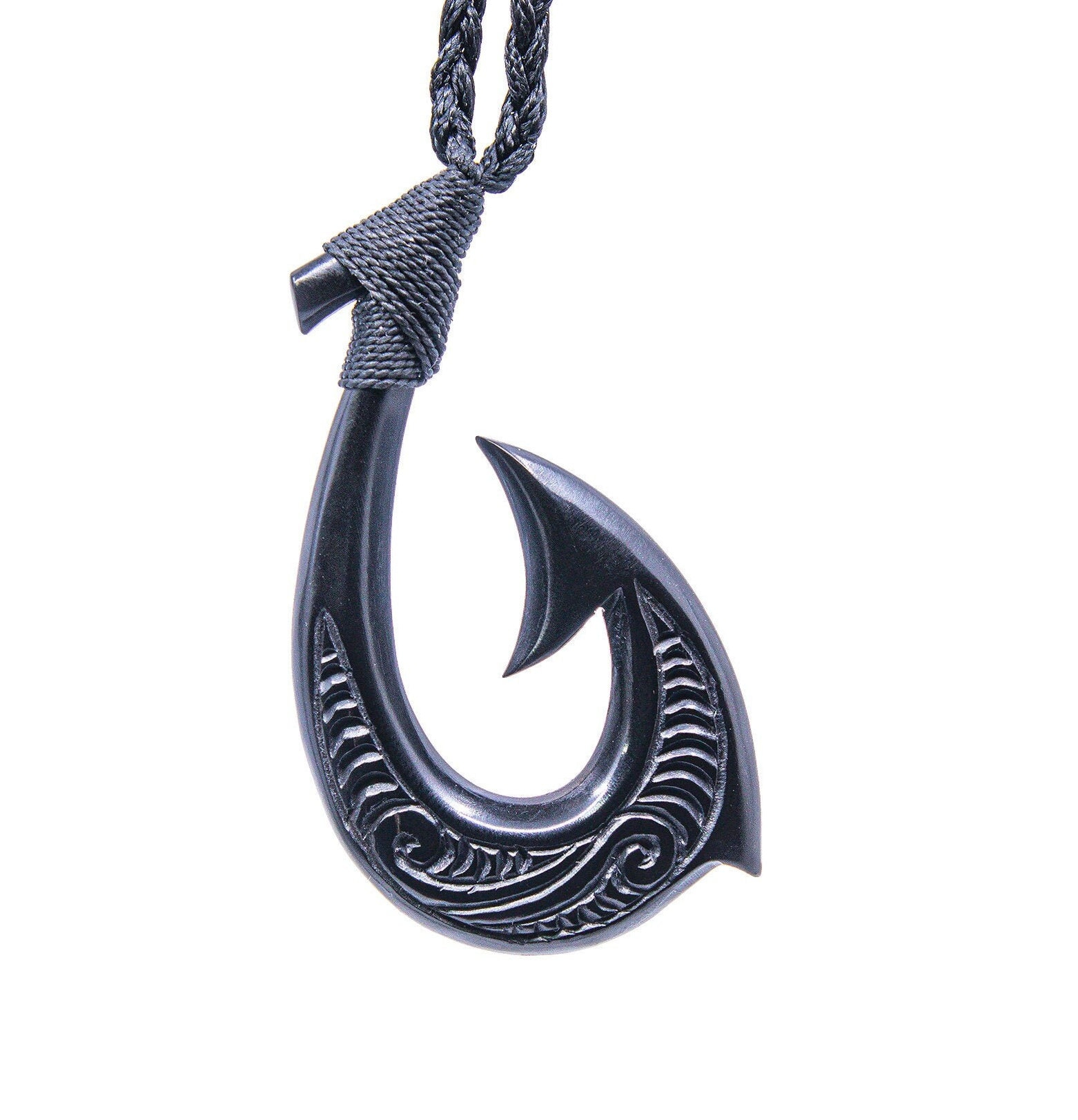 Hand Carved Natural Black HORN Stylized Pacific Island Hawaiian Fish Hook  Necklace XL 