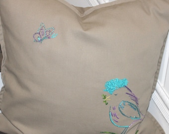 Embroidered Pretty Bird Pillow, Cotton Canvas, Embroidery uses chenile, cotton & metallic threads,  bottom zip