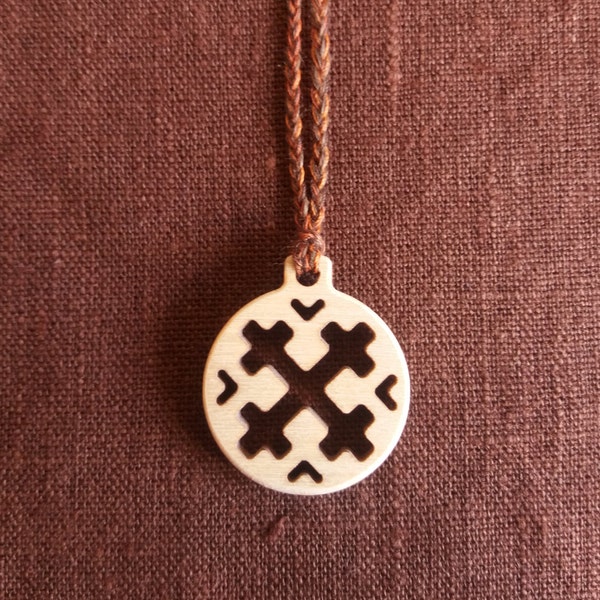 Māra's Cross, Necklace with wooden pendant and a handmade cord, Latvian ethnic symbol