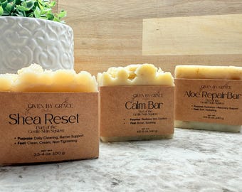 Gentle Skin System | Fragrance-Free Soap Set for Sensitive & Dry Skin | Shea Reset, Calm Bar, Aloe Repair | 3 Bars