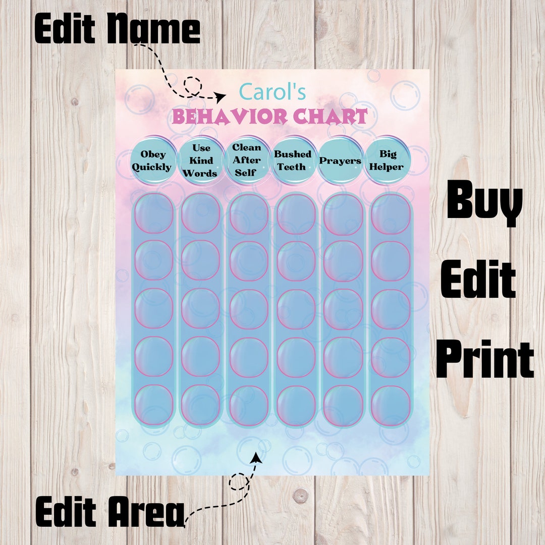 Bubble Behavior Chart, Editable PDF, Bubbles, for Kids, Girl, Reward