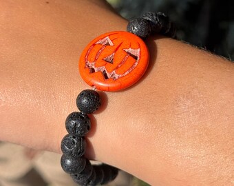 Pulsera de calabaza espeluznante y cuentas de lava - Dije de Halloween - Difusor de aceites esenciales - Regalo único - Accesorio gótico - Moda de otoño