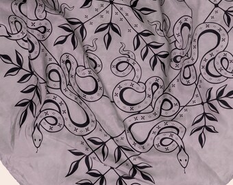 Snake and Vines Naturally Dyed + Hand Screen Printed Silk Bandana