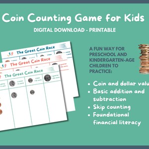 Printable kids money game learn coin value financial literacy kindergarten preschool math activity homeschool math activity kids