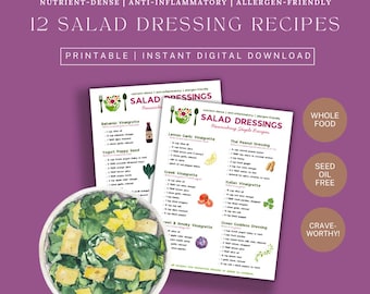 Recetas imprimibles de aderezos para ensaladas / Guía de alimentación limpia antiinflamatoria con alimentos integrales / PDF imprimible para una cocina saludable