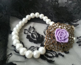 Purple Rose and Pearl Bracelet with Bronze Filigree