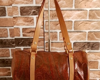 Vintage Etro Milano Paisley Beige Papillon Round Barrel PVC Canvas Leather Bag