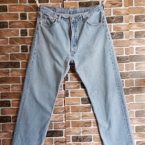 Vintage 90s Levi&#39;s 501 Made In USA Distressed Faded Blue Cotton Straight Leg Jeans Denim Pants Fits 33x31.5