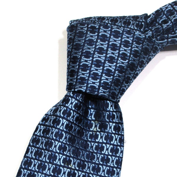 Celine Paris Macadam Logo Monogram Pattern Navy Blue Color Woven Silk Cravat Classic Necktie Tie