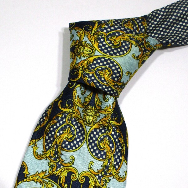 Vintage Gianni Versace Baroque Medusa Pattern Blue Color Jacquard Silk Cravat Classic Necktie Tie