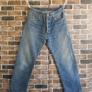 Vintage Early 90s Levi&#39;s 501 Made In USA Distressed Faded 501-0000 Blue Cotton Straight Leg Jeans Denim Pants Fits 29x29