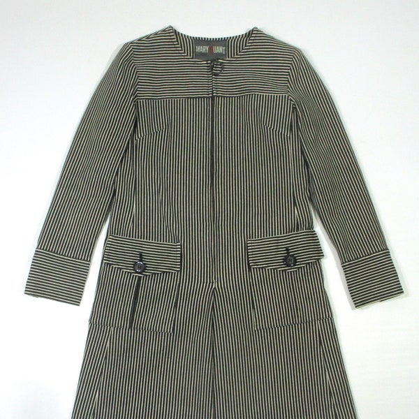 Mary Quant Hickory Striped Black/White Cotton Blend Half Zip Parka Jacket Size M