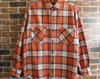 90s Levi&#39;s Silvertab Gingham Plaid Pattern Orange/White Cotton Long Sleeve Flannel Shirt Size M