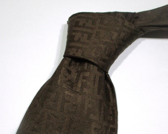 Vintage Fendi FF Monogram Logo Jacquard Pattern Brown Color Woven Silk Classic Necktie Tie