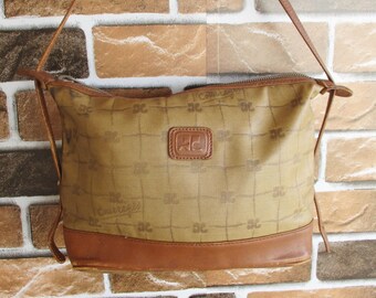 Vintage Courreges Monogram Logo Beige Leather/Synthetic Removable Strap Small Shoulder Crossbody Clutch Bag