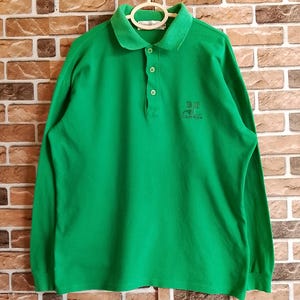 Vintage 90s Courreges Homme Embroidered Logo Green Cotton Pique Long Sleeve Polo Shirt Size M