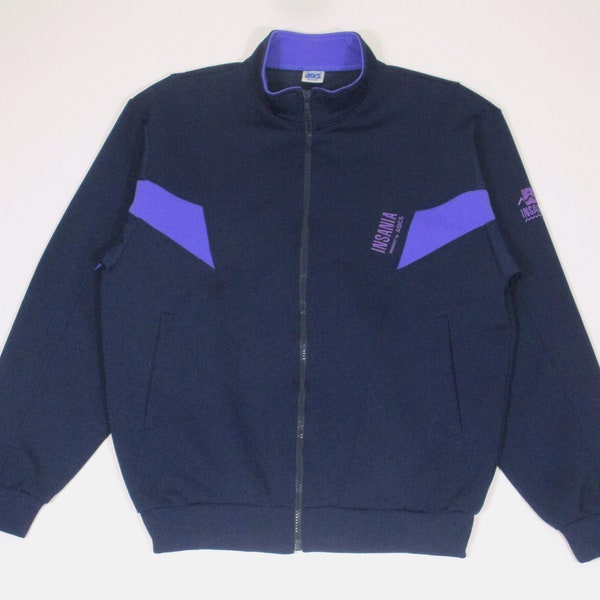 Vintage 90s ASICS Insania Made In Japan Navy Blue/Purple Polyester Zip Up Training Sport Gym Track Top Jacket Tricot Size L