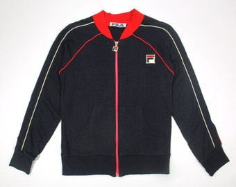 Jaqueta de tênis vintage Fila listrada preta acrílica/lã com zíper tamanho 1 XS
