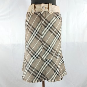 Vintage Burberry Blue Label Nova Check Pattern Brown Fit& Flare Wool Fringed Midi Skirt Size 36