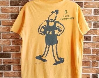 Vintage HAI Sporting Gear 'I Like Swimming' Yellow Color Cotton/Polyester Tshirt Tee Size M