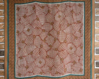 Vintage 90s Pierre Balmain Plaid Checks Logo Pattern Brown Chiffon Silk Scarf Wrap Stole 30"x31"