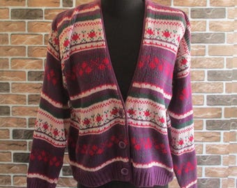 Cardigan vintage listrado de algodão multicolorido Fair Isle da Lands' End, tamanho M