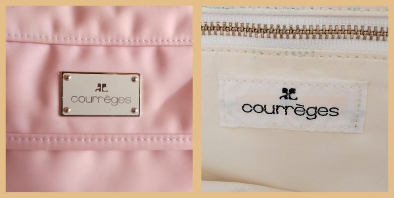 Puede incluir: Primer plano de dos secciones de un bolso. El lado izquierdo muestra un material rosa con una placa plateada con el logotipo de Courr&egrave;ges. El lado derecho revela el interior de un bolso blanco con cremallera y una etiqueta Courr&egrave;ges.