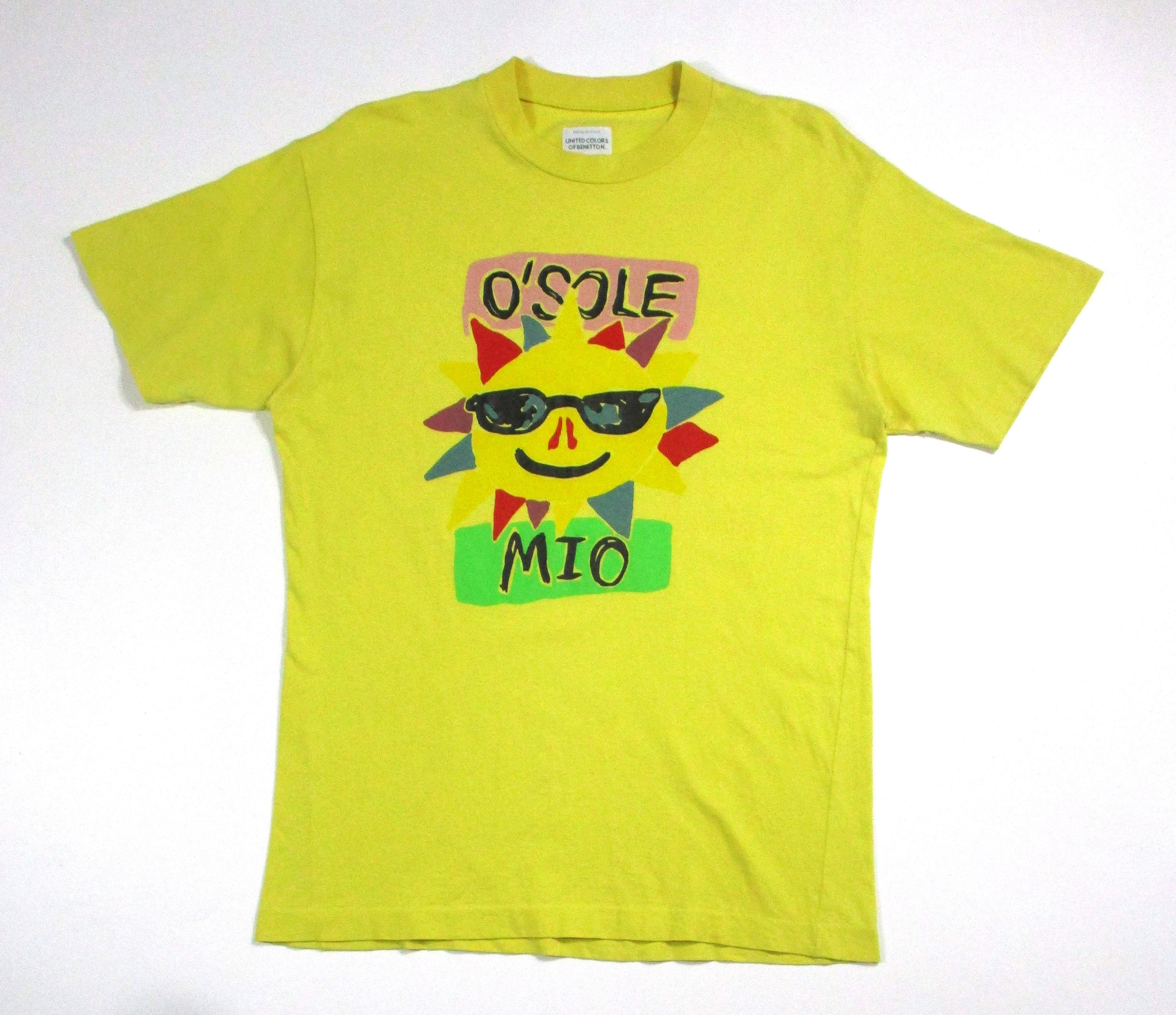 90s United Colors Of Benetton O'Sole Mio Yellow Distressed Cotton Size M T-Shirt Tees