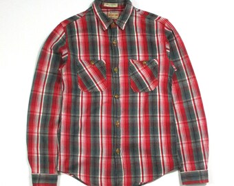 Sugar Cane by Toyo Enterprise MADE IN USA Plaid Gingham Red/White/Black Cotton Long Sleeve Flannel Work Shirt Workwear Size M