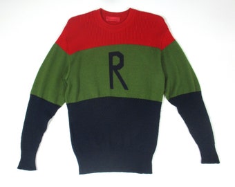 Vintage 90s Roberta Di Camerino listrado R logotipo camisola de lã tricotada feminina tamanho 40 M