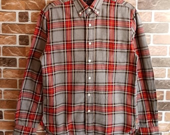 BEAMS PLUS Japan Gingham Plaid Red/Gray Long Sleeve Cotton Button Down Lightweight Flannel Shirt Size S