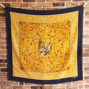 Vintage Krizia Tiger On Baroque Pattern Silk Scarf Wrap Foulard Shawl Stole Gift For Her 34.25&quot;x35.75&quot;