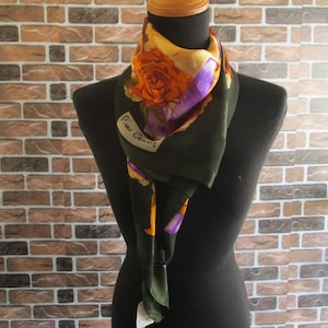 Vintage NOS Pierre Cardin Floral Pattern Green Color Square Chiffon Silk Scarf Wrap Stole Foulard 34.5&quot;x35&quot;