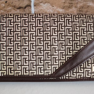 Vintage Pierre Balmain Logo Monogram Beige Color Canvas Leather Trim Clutch Pochette Purse Evening Bag