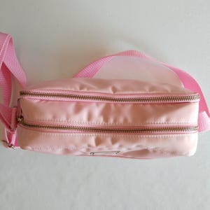 Puede incluir: Un bolso de cintura rosa claro con dos compartimentos con cremallera y una correa ajustable a juego. La bolsa tiene una peque&ntilde;a etiqueta met&aacute;lica de color plateado en la parte delantera. Las cremalleras son de color bronce.
