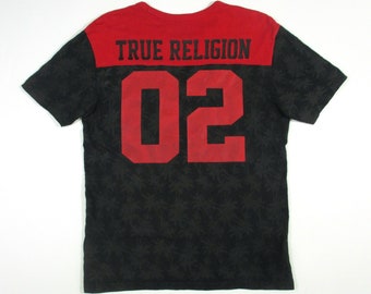 True Religion 02 Palm Tree Jacquard Pattern Gray/Red Color Cotton T-Shirt Vintage Tee Size M