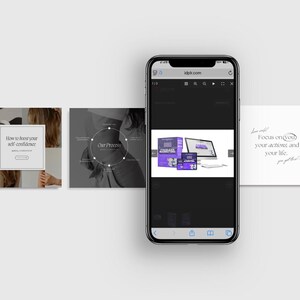 Könnte beinhalten: Ein Smartphone zeigt eine Website mit einem Produktbild, einem Computermonitor und einem Tablet. Das Bild zeigt auch eine Produktbox und ein Buch. Der Text auf dem Bildschirm lautet "Faceless Marketing". Zusätzlicher Text lautet "How to boost your self-confidence".