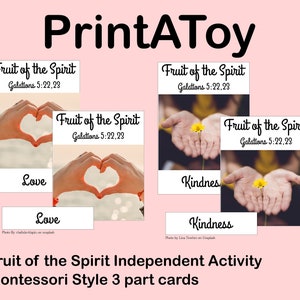 PrintAToy Fruit of the Spirit Montessori Stil 3 Teilige Nomenklatur Karten. Bibel Schrift Memory Verse Unabhängig Arbeit Galations 5:22,23
