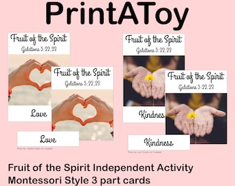 PrintAToy Fruit of the Spirit Montessori Style 3 Part Nomenclature Cards. Bible Scripture Memory Verse Independent work Galations 5:22,23