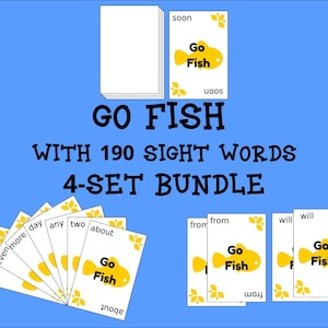 Peut inclure: Fond bleu avec des cartes blanches. Les cartes affichent les mots « Go Fish » et « 190 mots courants », ainsi qu'un dessin de poisson jaune. Le texte « 4-SET BUNDLE » est également visible.