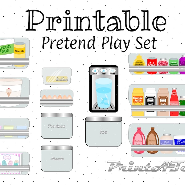 Digital- PrintAToy Side by Side Fridge Play Kitchen Decals. Refrigerator Stickers. Icebox Shelves, Freezer, Ice Maker, Water Dispenser