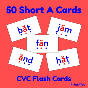 以下が含まれることがあります： 赤と青で「bat」、「jam」、「fan」、「and」、「hat」の単語が書かれたCVCフラッシュカード。赤い背景に、青い文字で「50 Short A Cards」と「CVC Flash Cards」と書かれています。