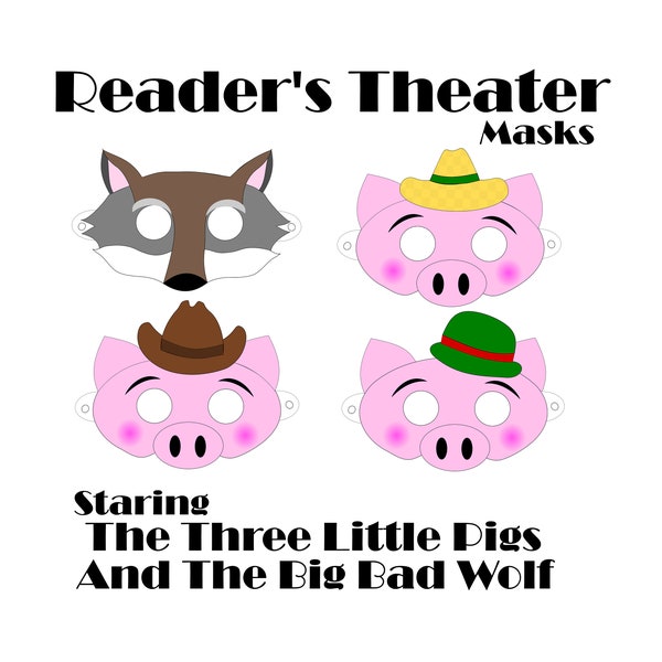 DIGITAL DOWNLOAD- Three Little Pigs and The Big Bad Wolf Dramatic Play Masks. Reader's Theater Skit Costumes. Classic Fairytale Stories Kit.