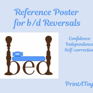 Op de afbeelding: Een lichtblauwe poster met de tekst "Reference Poster for b/d Reversals". De poster toont een bruine bedillustratie met het woord "bed" in het ontwerp. Extra tekst bevat "Confidence, Independence, Self-correction" en "PrintAToy".