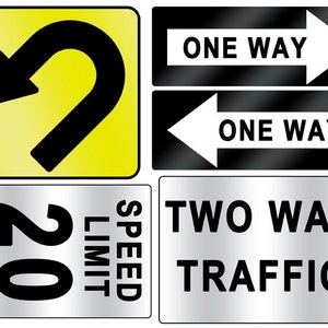 Zestaw 5 plakatów do druku z napisem „Digital PrintAToy Urban Street Sign”. Zawracanie, droga jednokierunkowa, ruch dwukierunkowy, ograniczenie prędkości na godzinę. Dekoracja samochodowa na imprezę.
