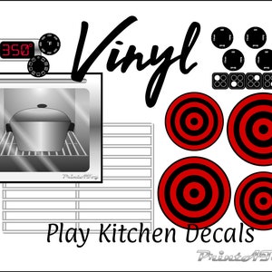 Vinyle - Décalcomanies de cuisine PrintAToy Stove avec four, grille en métal, brûleurs électriques. Accents d'autocollants d'élément chaud pour cuisinières pour jouets.