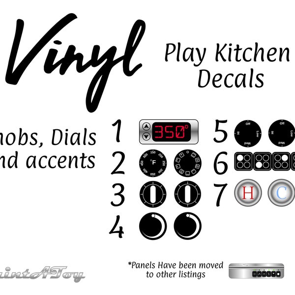 VINYL PrintAToy Dramatic Play Kitchen Decals; Dials, Knobs, Buttons, Accents, Dishwasher Control Panel, Microwave Keypad, Toy Oven Stickers.