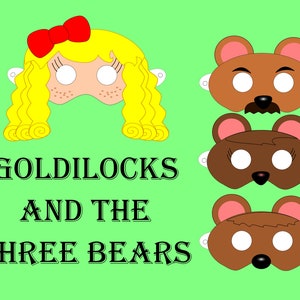 DESCARGA DIGITAL - Máscaras para teatro del cuento de hadas Ricitos de Oro y los Tres Osos. Kit de juego dramático, accesorios para parodias, disfraces.