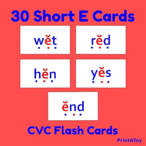 30 Short e CVC Flash Cards | Orton-Gillingham Decodable Reading Resource By PrintAToy