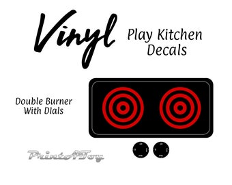 VINYL- PrintAToy Electric Double Burner Stovetop Dramatic Play Kitchen Decals. Toy Oven Hot Element Accent Stickers Red and Black Eyes.